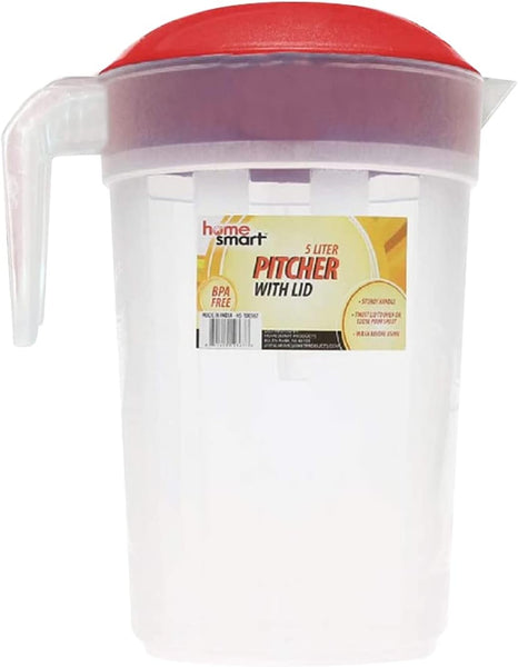 Water Pitcher, Tea Pitcher With Lid, 1.3 Gallon Pitcher, Drink Container, Pitchers Beverage Pitchers, Juice Containers With Lids For Fridge, 5 Liter Plastic Pitchers, Ice Tea Pitcher For Fridge (Red)
